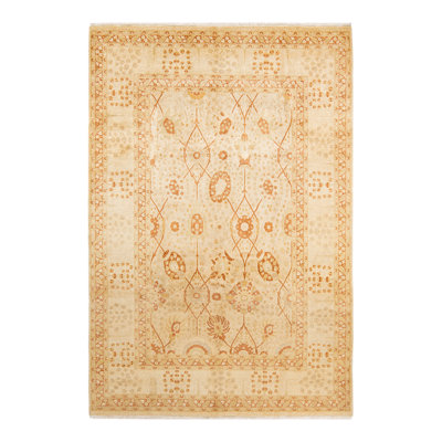 Tapis ivoire / brun noué à la main de conception unique 6 pi 2 po x 9 pi 1 po Vincentina Mogul