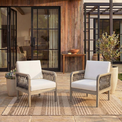 2PCS Outdoor Acacia Wood Club Chair with Handwoven Rope and Water-Repellent Cushions for Comfortable Patio Seating