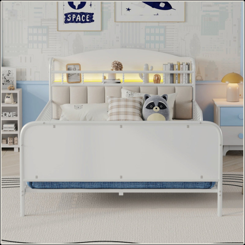 Structure de lit plateforme en métal avec lumière, lit en métal pour enfants avec tête de lit tapissier et rangement, Blanc