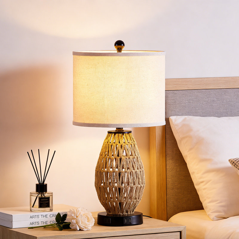 22.5" Compact Rattan Bedside Table Lamp with USB & Touch, Bulb Included, Brown