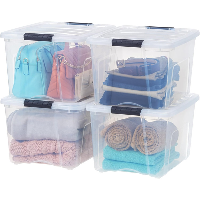 40 QT Plastic Storage Box With Lid And Latches - 4 Pack - BPA-Free, Discreet Organizing Solution, Durable Nestable Stackable Containers, Secure Pull Handle