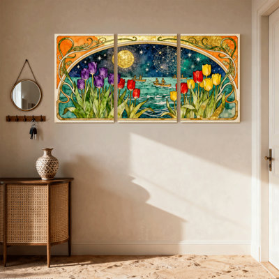 Fantaisie et science-fiction, tulipes au clair de lune, canots d'eau, étoiles, ciel nocturne, ensemble de 3 impressions sur toile