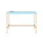 Bureau d'écriture moderne bleu et or avec ports et prises intégrées, bureau brillant pour bureau, forme rectangulaire