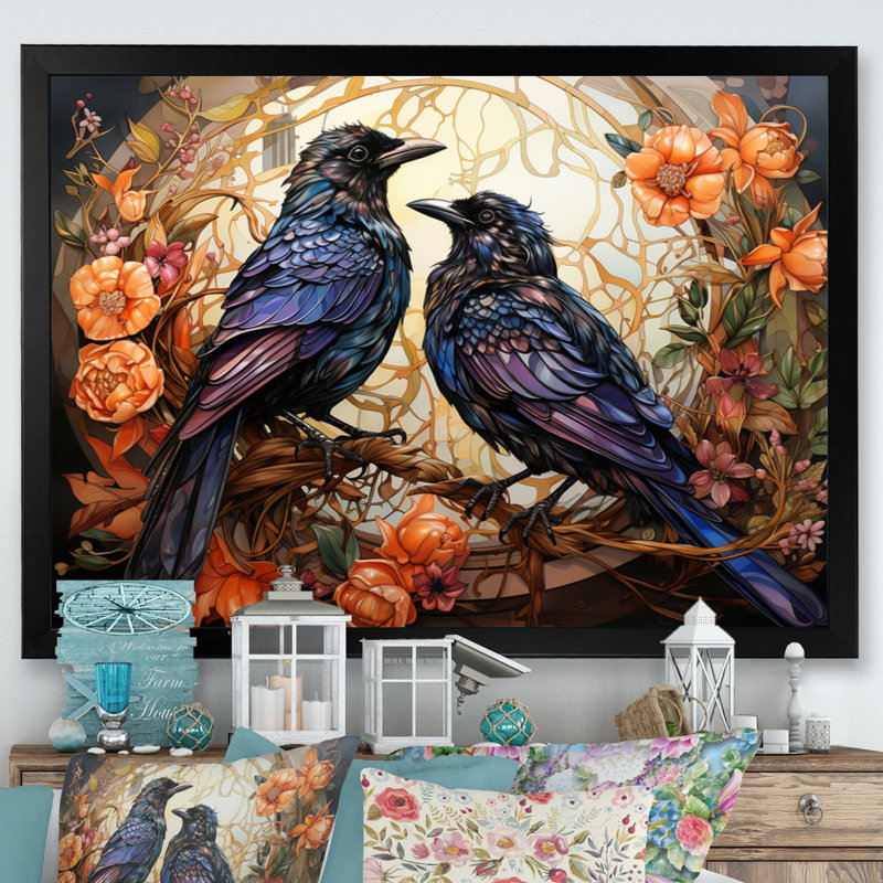 Corbeau enchanté monarques sur toile, H 34 po x l 44 po x P 1,5 po, Cadre simple noir