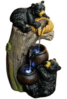 Fontaine d'ours en plein air avec lumières DEL, cascade de jardin en cascade, fontaine en résine de 23,62 po pour patio, cour, balcon, pièce d'eau extérieure décorative avec débit apaisant