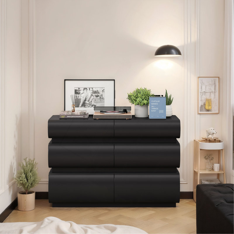 Commode 6 tiroirs pour chambre à coucher, commode noire sans poignée, commode moderne 6 tiroirs avec rangement large