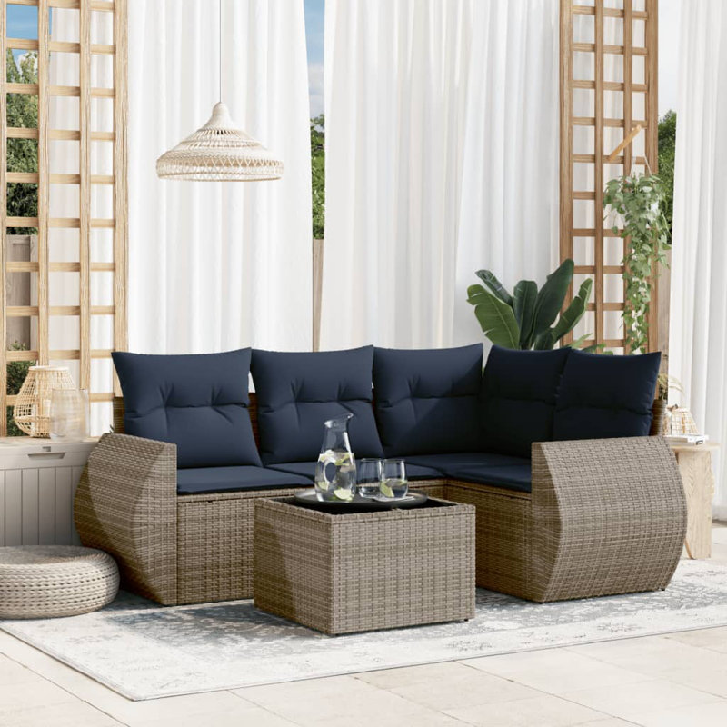  Ensemble de canapé de patio 5 pièces avec coussins en rotin de polyester gris