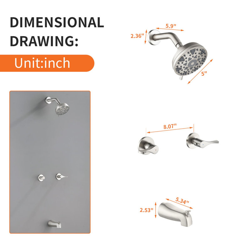 Système de douche mural avec bec de baignoire, robinet de douche à deux poignées, ensemble de garniture de douche en laiton avec valve brute
