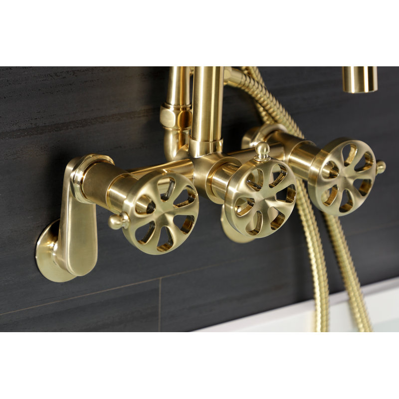 Kingston Brass Belknap Three-Handle 2-Hole Wall Mount Clawfoot Tub Faucet with Hand Shower, Brushed Brass