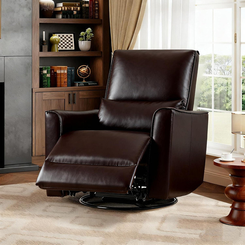 360° Swivel Rocker Recliner Chair, PU Leather Glider Nursery Chair with Deep Seat for Living Room, Brown