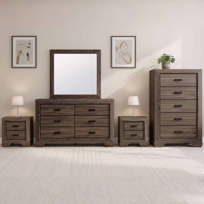 Ensemble de rangement pour chambre 5 pièces brun vieilli avec commode, miroir, commode et 2 tables de chevet