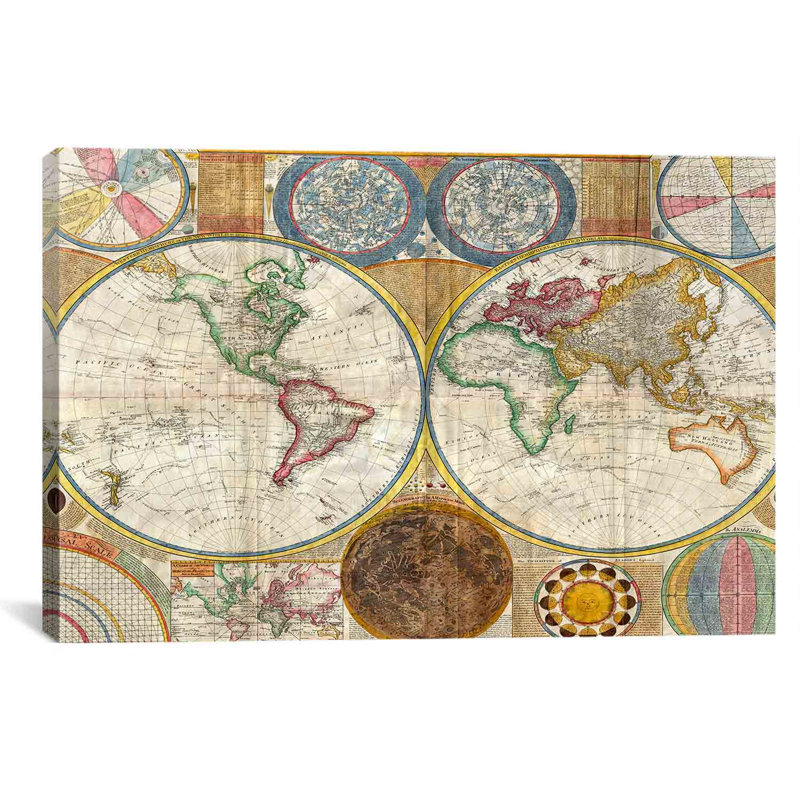 Carte antique du monde (1794) par samuel-farding, impression sur toile jaune, H 8 po x l 12 po x P 0,75 po