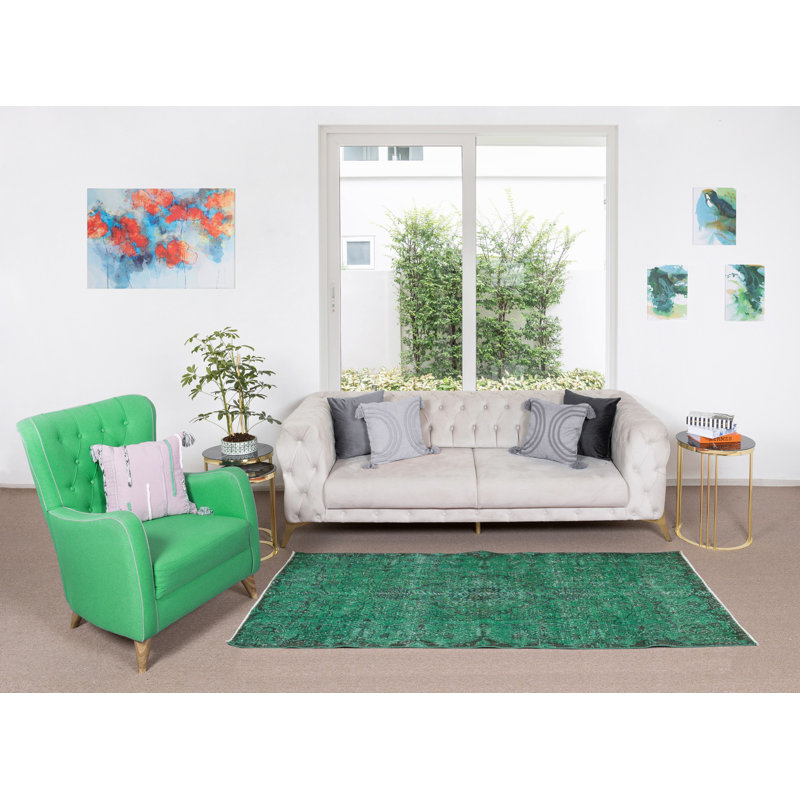 Tapis turc noué à la main 4 x 7,3 pi surteint en vert pour la maison et le bureau contemporains