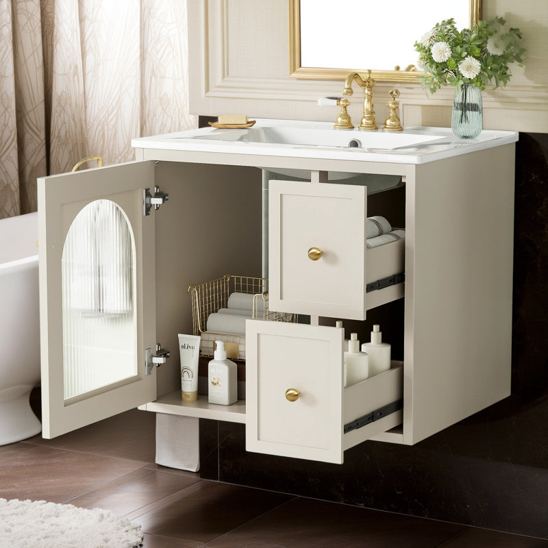 24" Wall-Mounted Bathroom Vanity with Ceramic Sink, 2 Drawers, Soft-Close Door, Beige