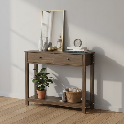 Brown Wooden Hallway Table, Two Drawers, Open Storage, Living Room Entryway