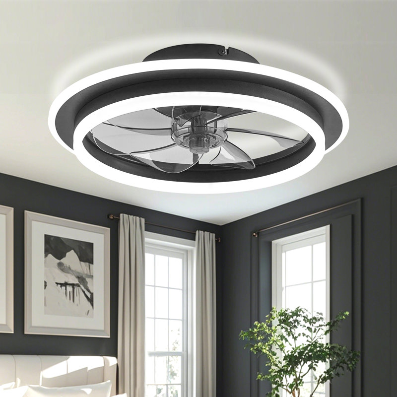 Ventilateur de plafond encastré 20 po avec lumière intégrée à DEL Makaiyla et télécommande intégrée, Noir mat