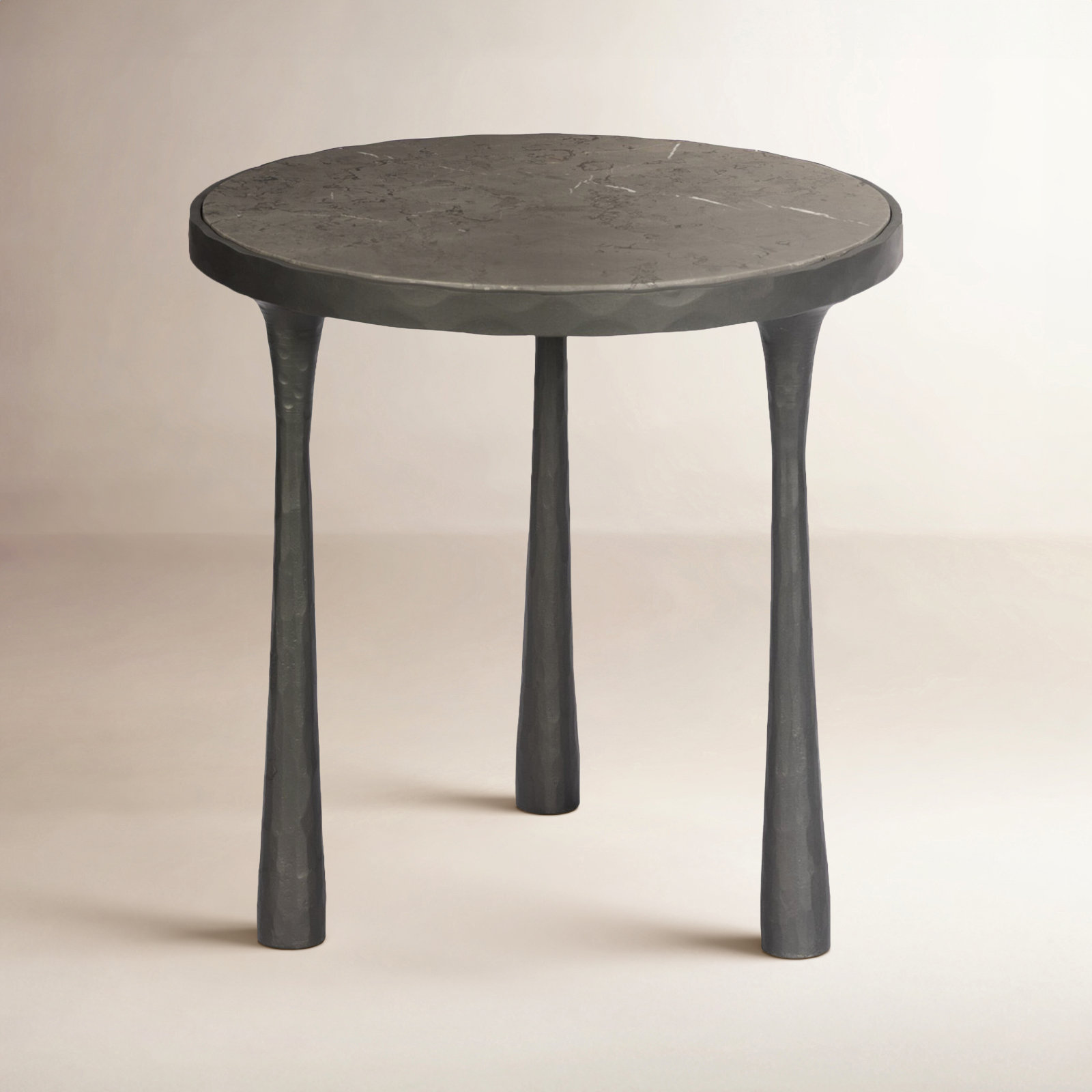 Billings 22" Genuine Marble End Table, Gray Italian Marble Top/Hammered Gunmetal Base