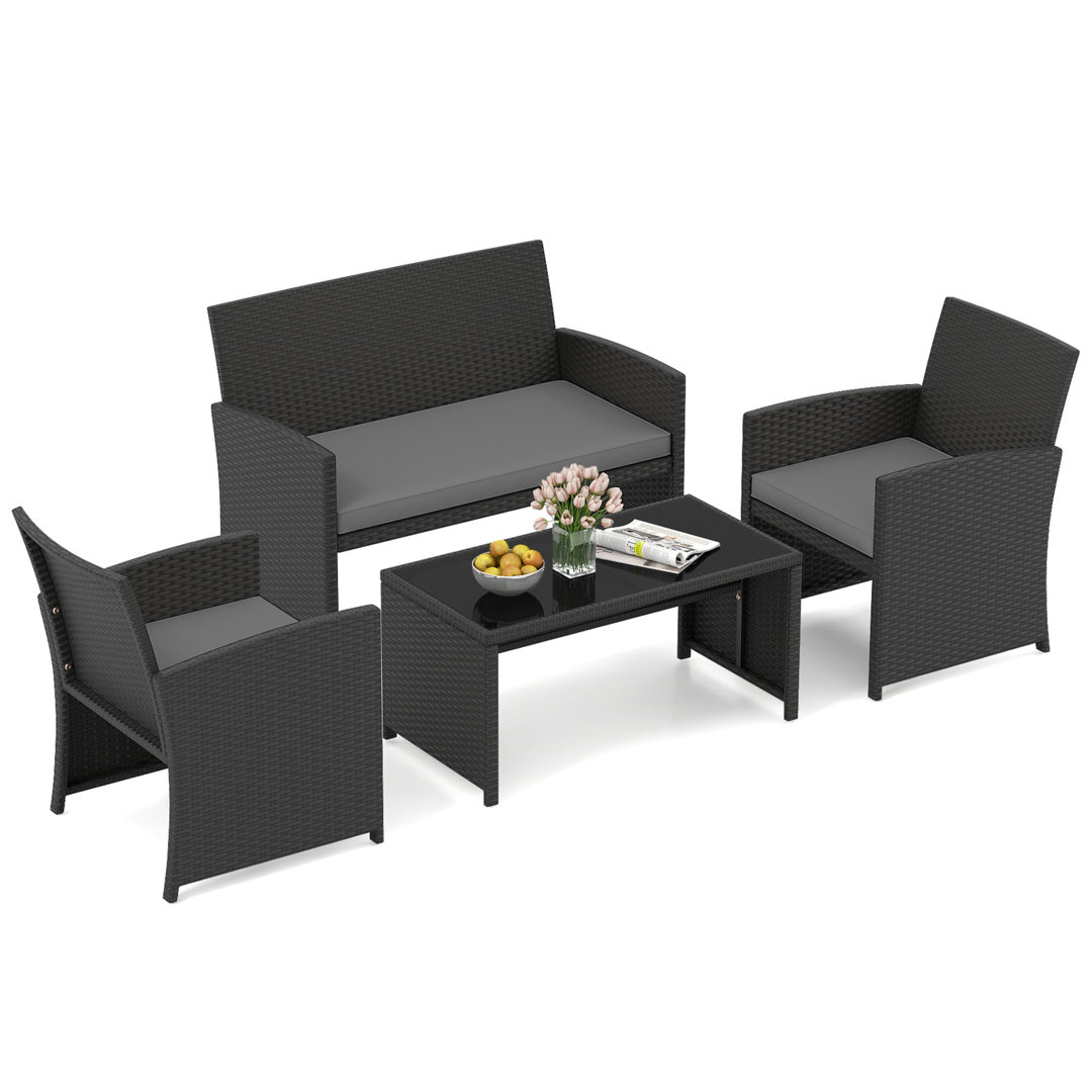 4 Piece Patio Rattan Conversation Set Wicker Loveseat Armchairs