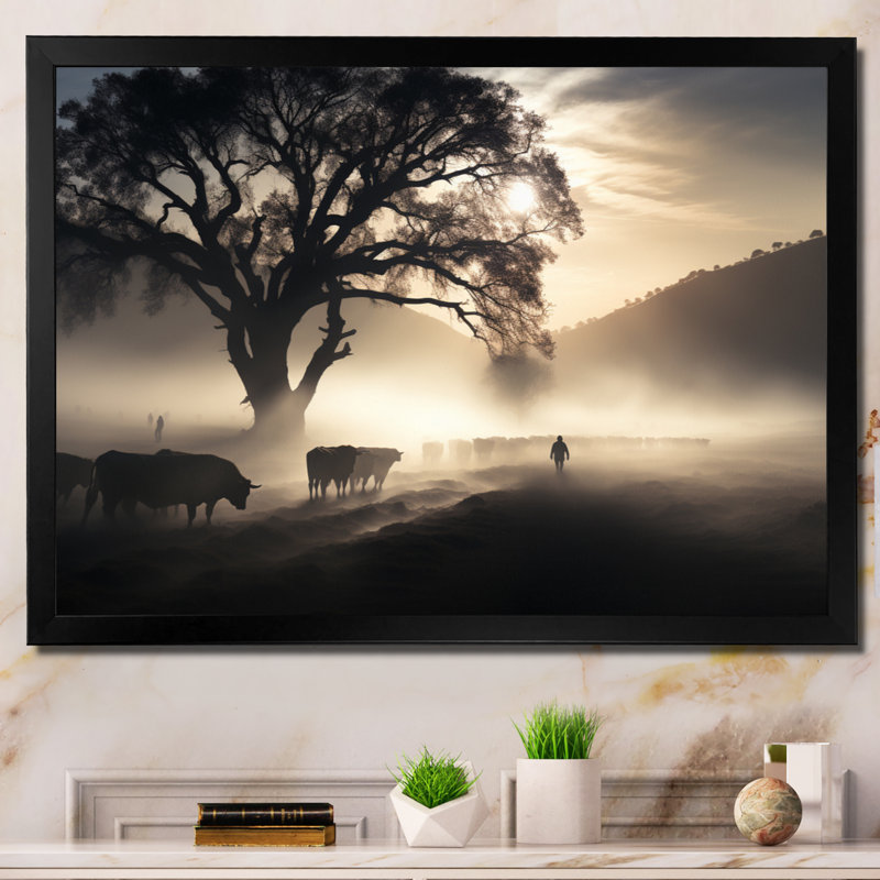 Kaysaun " Cattle Ethereal Grazing I ", Black Picture Framed, 12" H x 20" W x 1" D