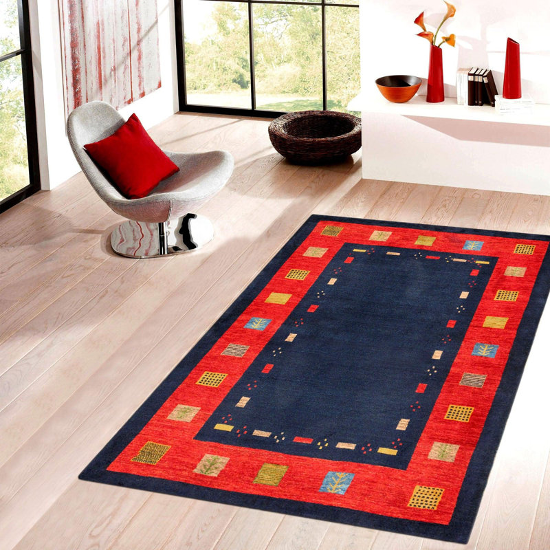 Tapis oriental bleu / rouge en coton et laine noué à la main 3 pi 5 po x 4 pi 11 po Prady