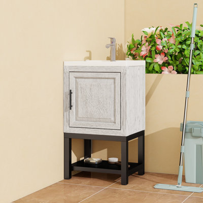 Armoire de salle de bain autoportante de 20 pouces avec lavabo en céramique blanche, robinet en aluminium texturé, 1 porte et tablettes creuses, meuble-lavabo avec cadre de rangement oxydé et tablette ouverte en fer,
