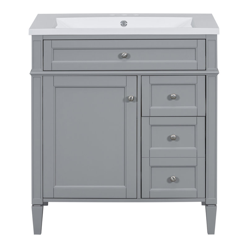 Meuble-lavabo de 30 po avec lavabo supérieur, armoire de rangement moderne avec 2 tiroirs et un tiroir basculant, Gris