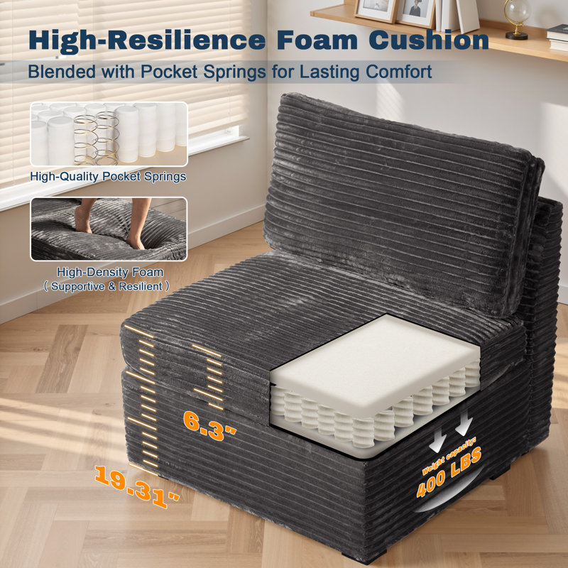 Fauteuil modulaire rembourré 32,7 po Corduroy, Gris