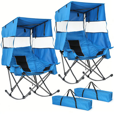 Chaise berçante de camping à bascule avec auvent, chaise berçante extérieure surdimensionnée pour adultes avec porte-gobelet, sac isotherme et sac de transport, bleu (paquet de 2)