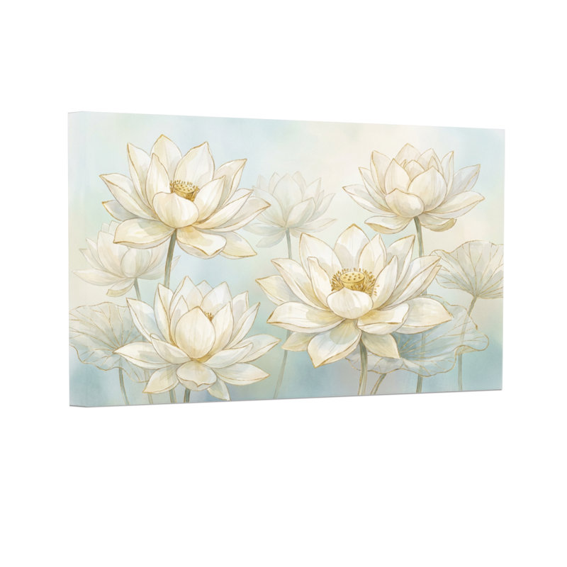 Plantes et fleurs de lotus blanches sur fond bleu pâle, H 20 po x l 30 po