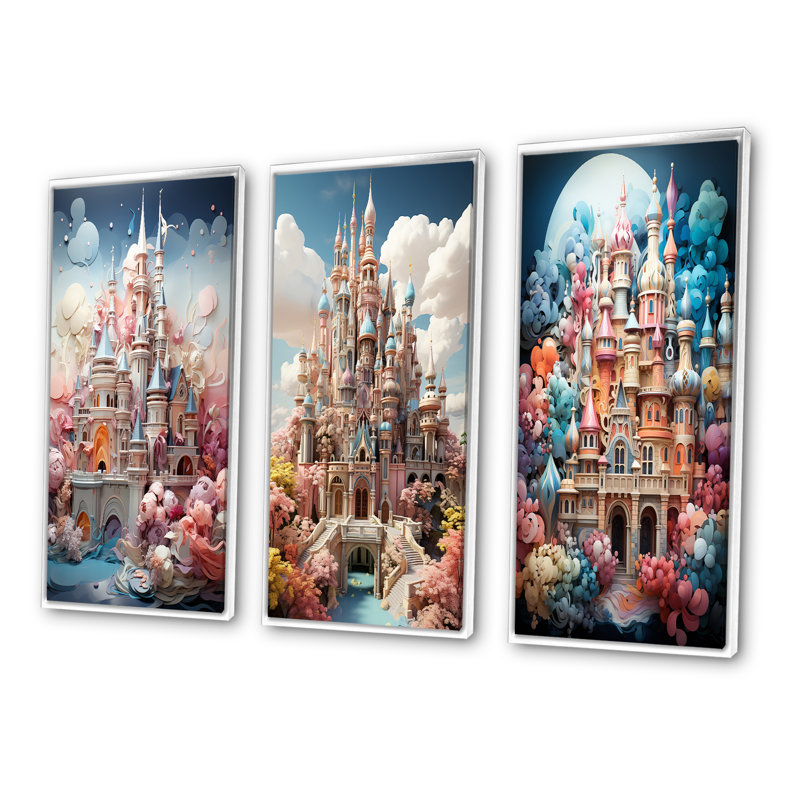 «Castles Whimsical Wonder Pastel I», ensemble de 3 pièces d'art urbain, Cadre blanc, H 20 po x l 36 po