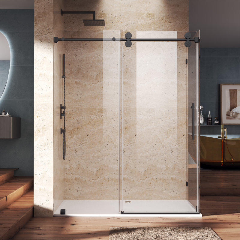 Cabine de douche coulissante sans cadre de l 48 po x P 34 po x H 76 po avec verre transparent noir mat de 3/8 po, Noir mat
