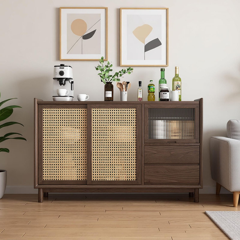 Buffet multifonctionnel en bois massif de canne, 33.66" H x 55.11" W x 15.74" D, Marron foncé