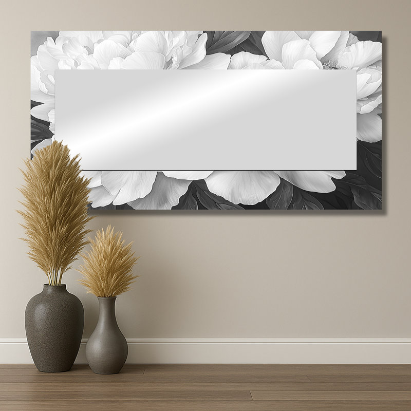 Peonies In Classic Grey II - Floral Accent Wall Mirror - Printed On Metal, 28" x 55"