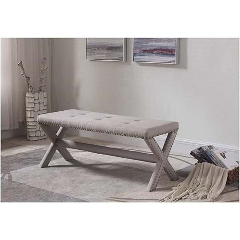 Glam Accent Bench With Nailhead Trim, Tufted Seat, Upholstered Side Bench For Bedroom, Livingroom And Entryway, Gray, Gray