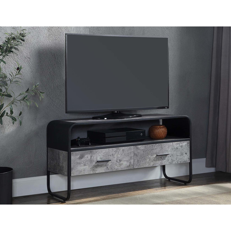 Meuble télé en métal avec 2 tiroirs de rangement, coloris gris et noir, dimensions : 40-49 pouces, compartiment ouvert, style moderne, tablette, objet décoratif