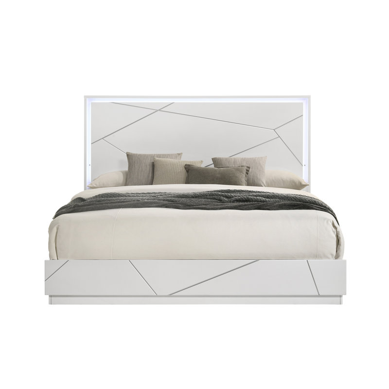 Lit moderne moderne à finition blanche avec lignes en relief à DEL de style contemporain 1pc, Très grand lit