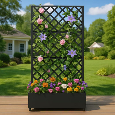 Metal Planter Box, with Diamond Lattice Trellis Planter Box, for Climbing Plants and Vines, Galvanized Raised Garden Bed on Wheels, Garden Bed with Tr by babevy