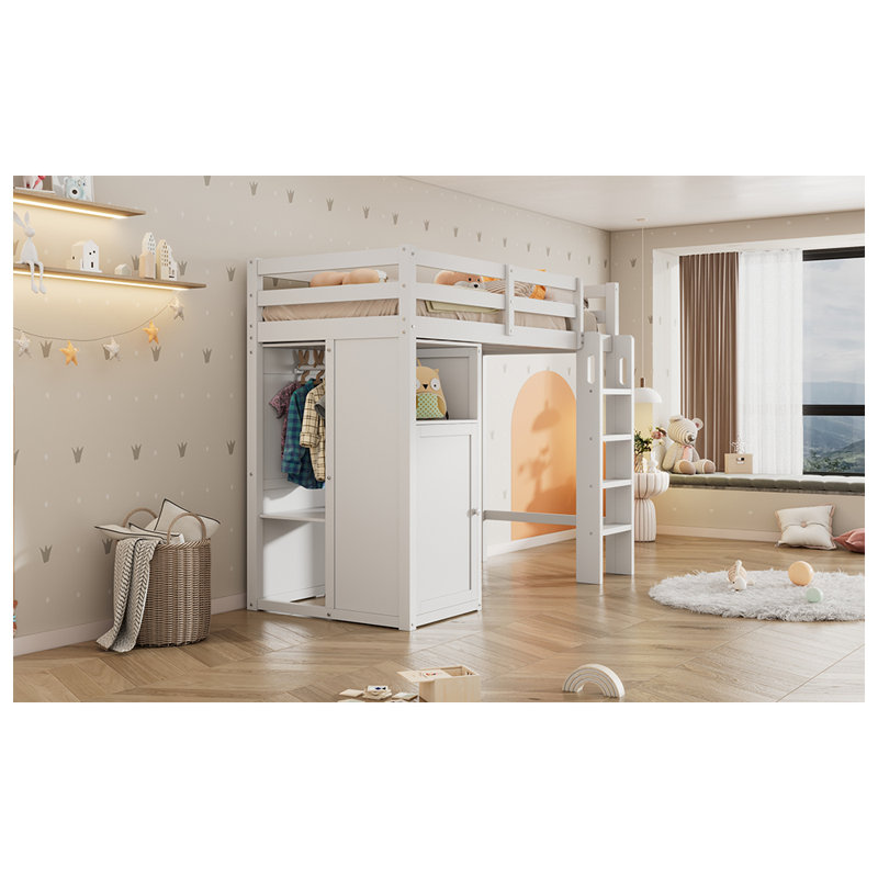 Lit mezzanine simple avec garde-robe, tablettes de rangement, Blanc / Blanc