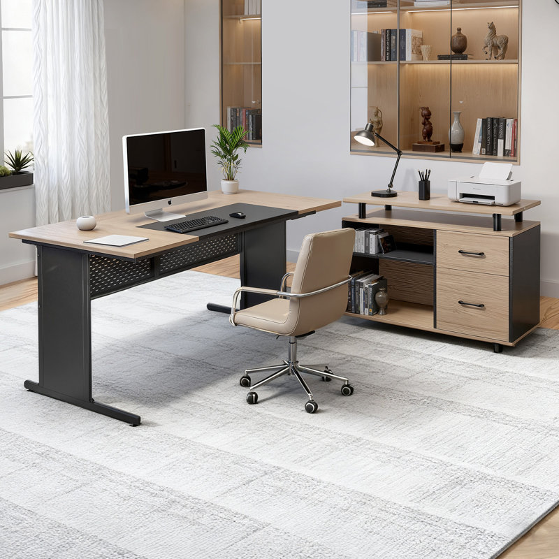 L-Shaped Executive Desk, Modern Reversible Office Table with Drawers & Storage Cabinet, Heavy Duty Large Wooden Executive Table, 350 LBS Load Capacity, Easy Assembly, for Work Study Writing