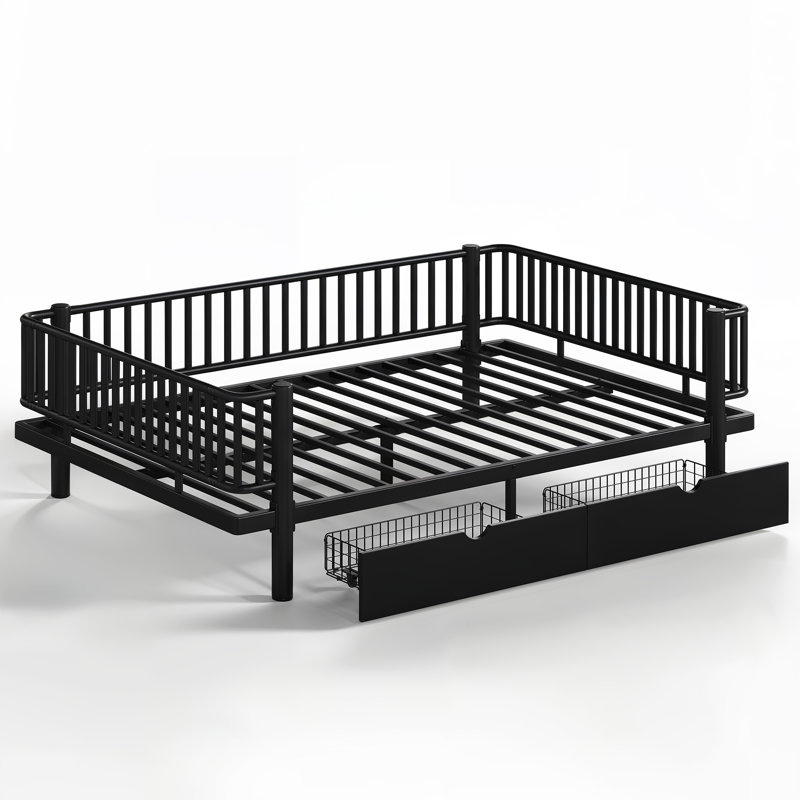 Structure de lit plateforme avec tiroirs de rangement, lit de jour en métal avec conception de tuyau rond de sécurité, lit plateforme à profil bas