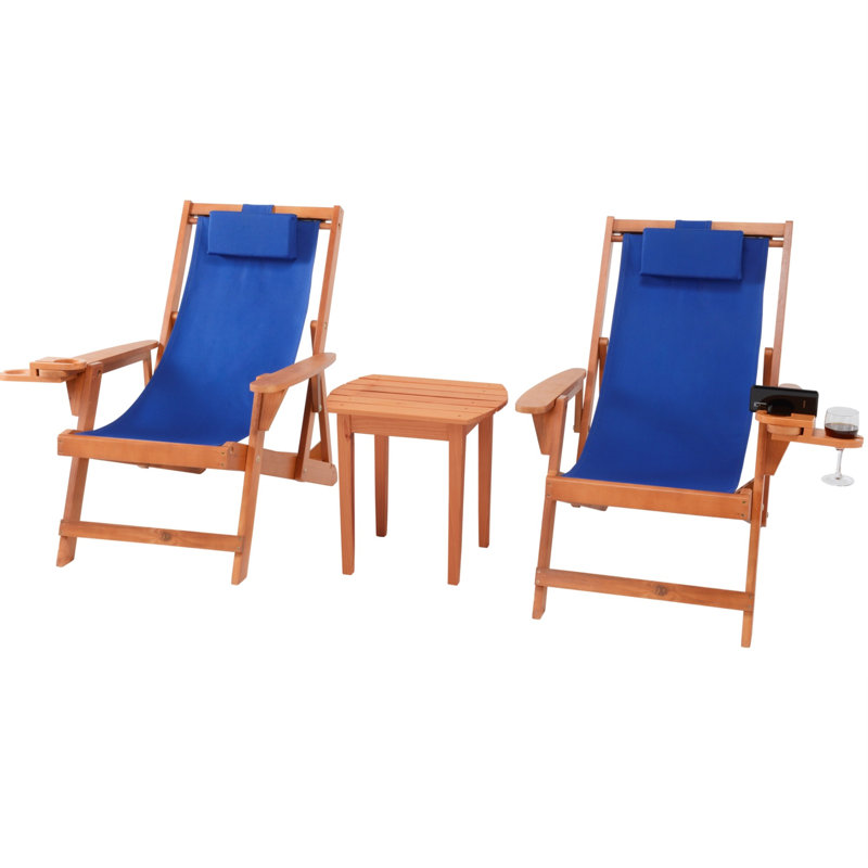 Chaises en toile romantique avec porte-gobelet et porte-bouteilles et table de bout de la collection Romantic, Bleu, Noyer