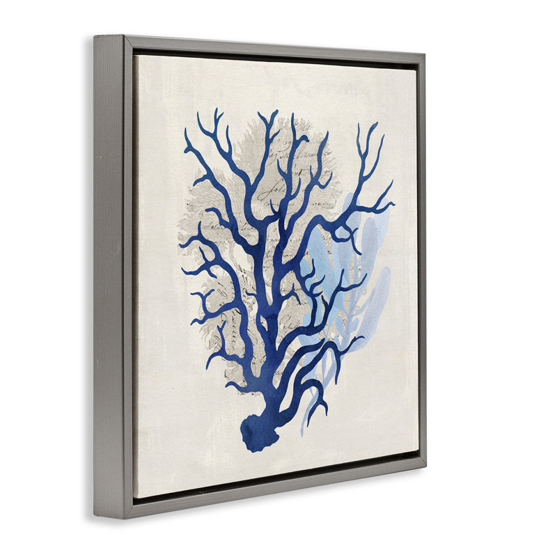 "Blue Coral Branches", art mural encadré par Susan Arnot, Cadre flottant gris lustré, H 25 po x l 25 po