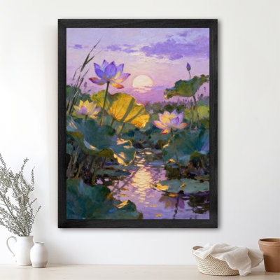 Black Framed Vintage A lotus pond slightly soaked in purple clouds Wall Art Retro Style Framed Prints