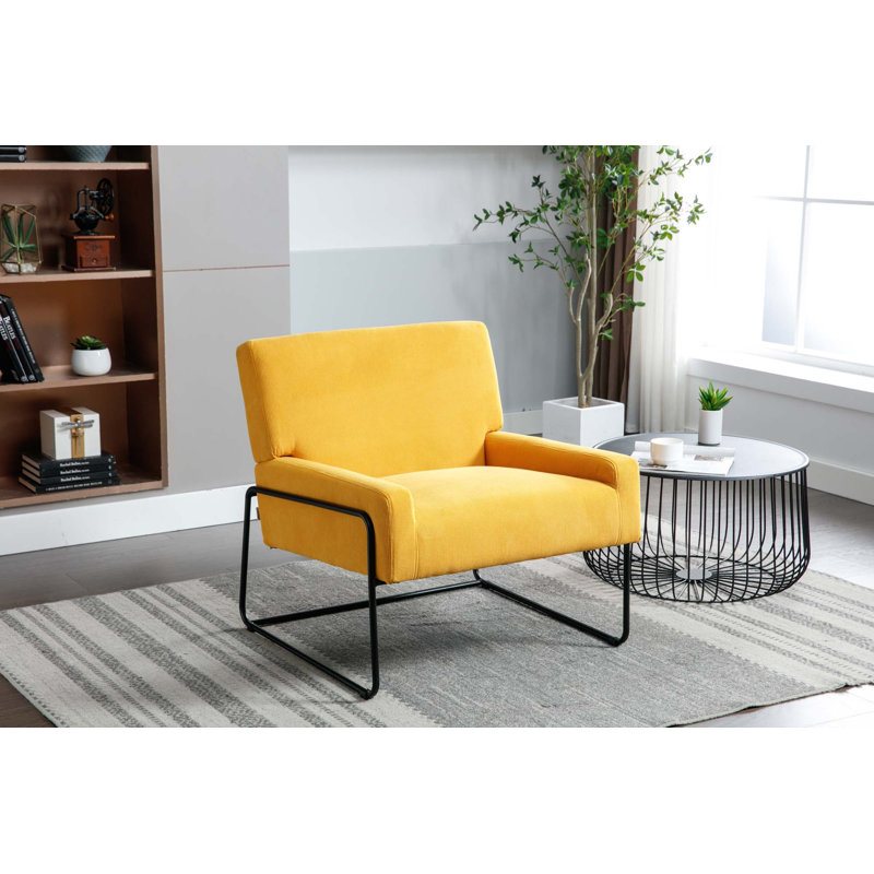Fauteuil moderne incliné avec structure en métal, Velours jaune moutarde