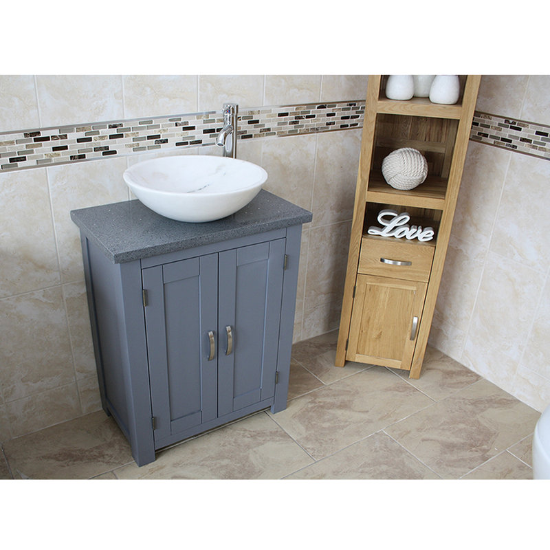 Roberge 650mm Single Bathroom Vanity with Vessel Stone Basin, White, Grey Quartz, Grey