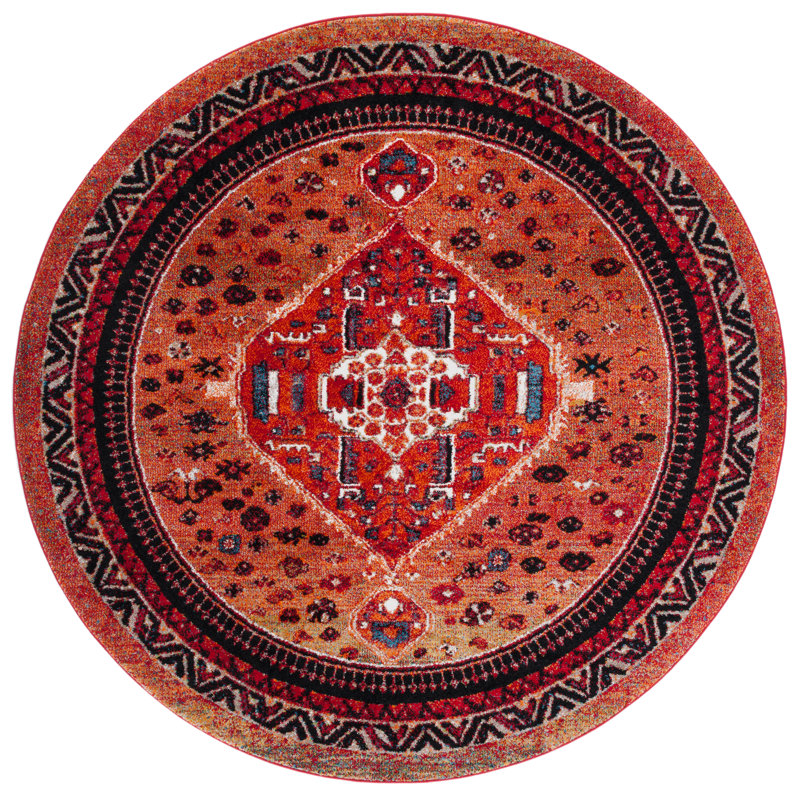 Tapis oriental orange / noir Emens, Rond 6 pi 7 po