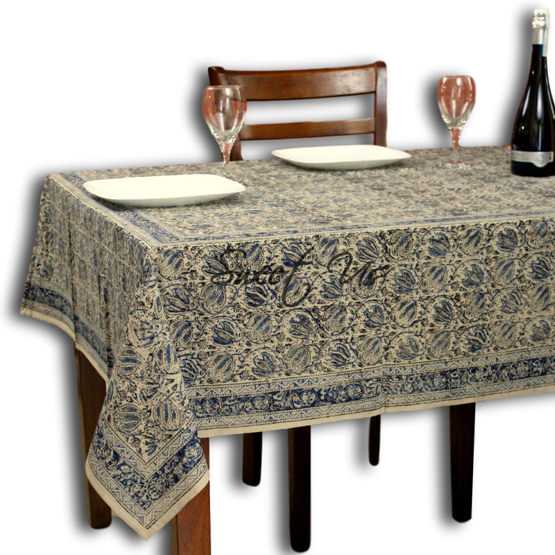 Cotton Vegetable Dye Hand Block Print Floral Tablecloth Rectangle, 104" L x 70" W Rectangle, Blue