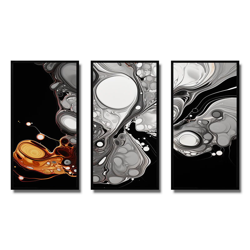 Encre liquide grise et noire Fusion I - art minimaliste au trait, H 28 po x l 36 po x P 1 po, Cadre flottant noir