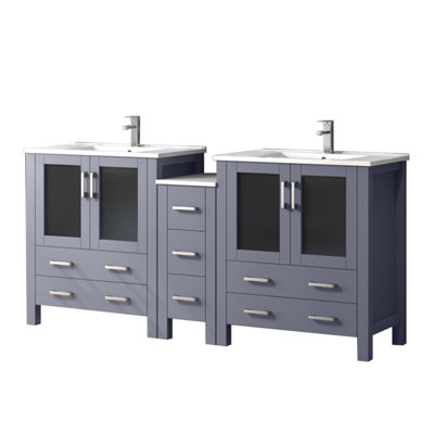 72 po W Double meuble-lavabo gris foncé avec armoire latérale, comptoir en céramique blanche, robinet, fermeture en douceur, 2 armoires intérieures, 7 tiroirs, comptoir Scratch & Stain, salle de bain monotrou en acier inoxydable