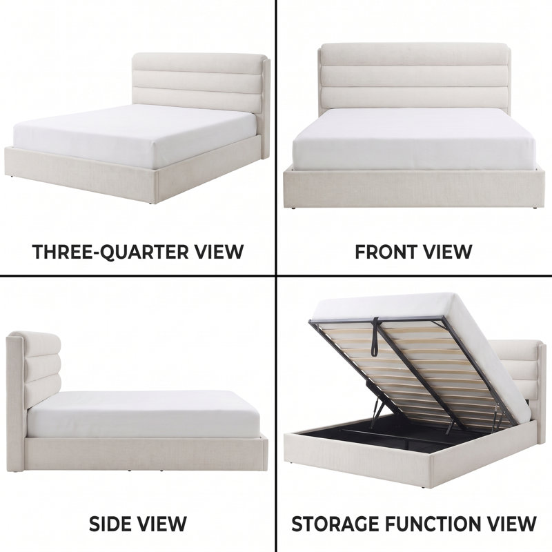 Upholstered Lift-Up Storage Platform Bed, King, Ivory